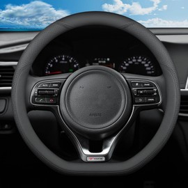 SZYUCHEN D-Shaped Steering Wheel Cover for Kia Soul K5 Forte Optima Stinger Seltos EV6 2021 2022 2023 2024 Accessories, Black Microfiber Leather with Breathable Holes 14.5-15 inches