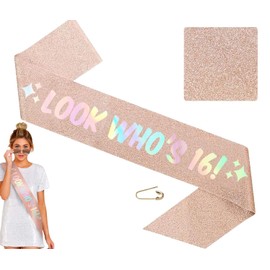 MAGICSHOP4U Look Who's 16!, Sweet 16 birthday sash, 16th Birthday Sash, Sweet 16 Sash for Girls, 16 Birthday Gift, Sweet 16th birthday sash (Rose Gold)