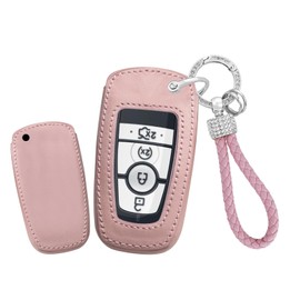HIBEYO Key Fob Cover Fit for Ford Explorer Fusion Escape F150 F250 F350 F450 F550 Edge Car Accessories Real Leather Key Case Shell Fit for Ford Key Chain Smart Rmeot Auto Key-B Keychain Pink