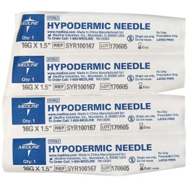 Medline Standard Hypodermic Needles, 16G x 1.5-Inch Regular Bevel, Needles Only, Box of 100 Each