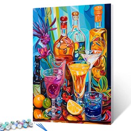 Graffitic Cocktails with Fruits Paint by Number for Children and Beginners,Wine Bottle/Cup Digital DIY Paintwork for Adults Fruits Canvas Oil Painting Kits with Brushes Kitchen Decor(Frameless)