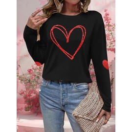 Valentines Shirts Women Love Heart T-Shirts Casual Long Sleeve Valentines Day Graphic Tees Tops Black
