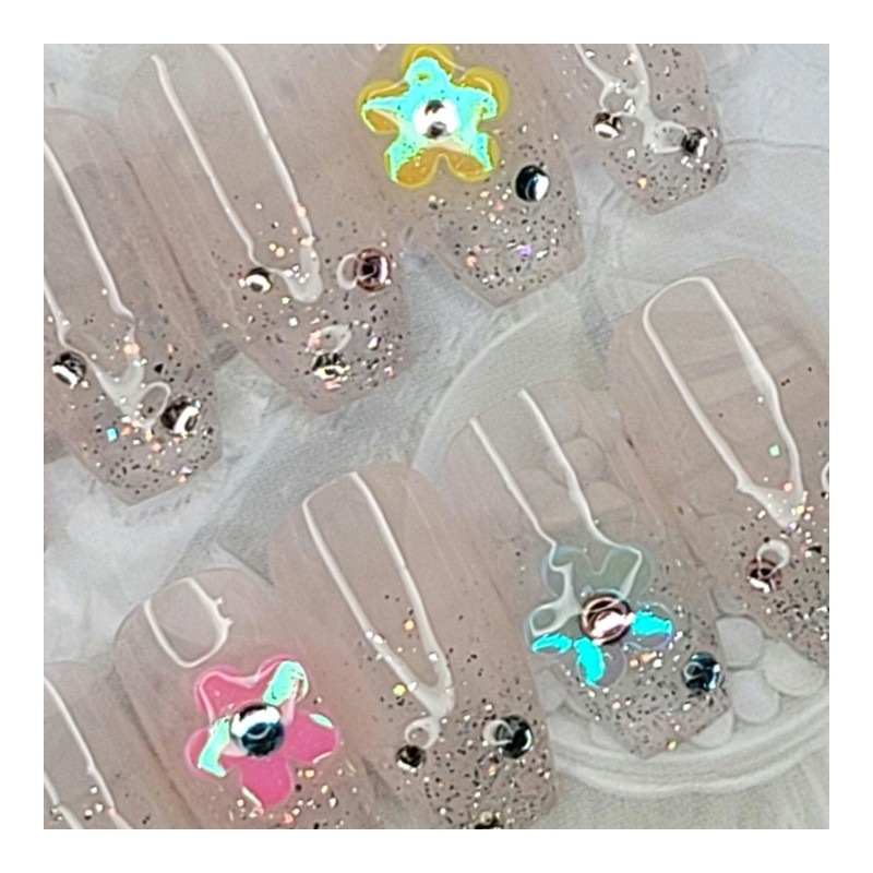 Glitter Flower Handmade Nail Tips - Water Drops / 글리터