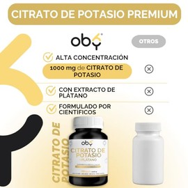 OBY Citrato de Potasio 1000 mg | Potasio enriquecido con plátano |180 Cápsulas | Potasio Suplemento Alimenticio