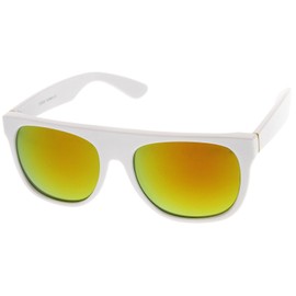 zeroUV Modern Super Flat-Top Wide Temple Colored Mirror Lens Horn Rimmed Sunglasses 55mm (Shiny White/Yellow Mirror)