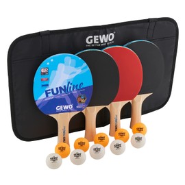 GEWO Fun TIME Tischtennisschläger Set für Hobby und Freizeit mit 10 Tischtennis Bällen und Aufbewahrungstasche/ 4er Set/Ping Pong Set/Komplettschläger mit Noppen-Innen-Belag, Griff konkav