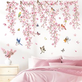 wondever Cherry Blossom Flower Vine Wall Stickers Pink Hanging Floral Tree Branch Birds Peel and Stick Wall Art Decals for Bedroom Living Room Sofa