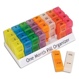 Nrs Healthcare Monthly Pill Organiser, Allows for a Months Medication in Advance, 32 Individual Pill Boxes, Separate flip AM & PM compartments