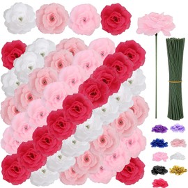 108pcs Roses Head Flowers with Stem - Red Pink Artificial Flowers Rose Bulk - Silk Rose Fake Flower for Valentines Decoration Wedding Centerpieces Bouquet DIY Baby Bridal Shower Mothers Day Wall Decor