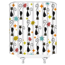 JIRGIXA Mid Century Atomic Black Cat Shower Curtain Retro Atomic Cat Starbursts Abstract Geometric Minimalist Funny Cat 1950s 60s Fabric Bathroom Decor Curtain with Hooks,White Black