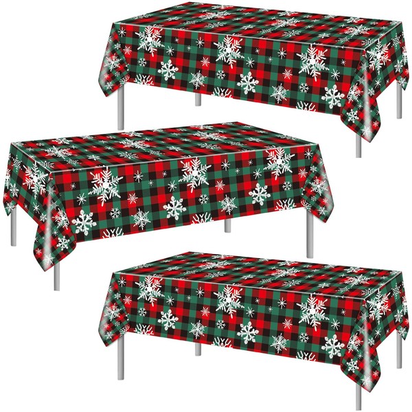PHOGARY 3 Pack Plastic Buffalo Plaid Snowflake Tablecloths, Christmas Decorations