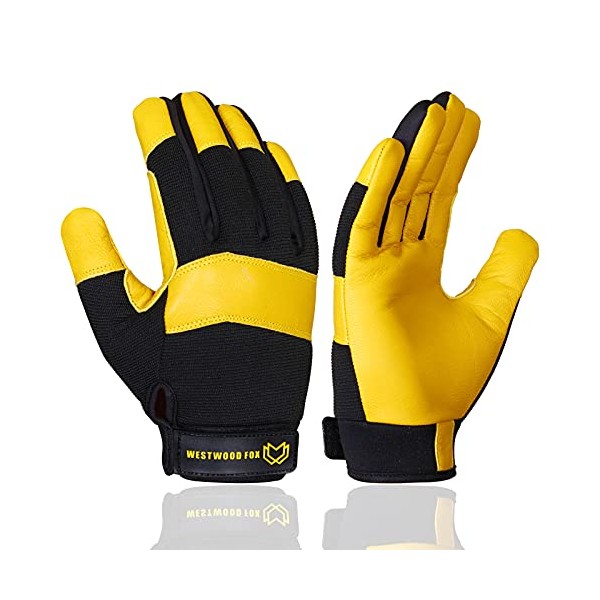 WESTWOOD FOX Gardening Working Gloves Garden Thorn Proof Flexible Heavy Duty Leather Mechanic Utility Dexterity Breathable Construction Gloves for Work Mens Women (L, Yellow)