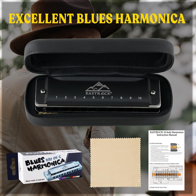 EASTROCK Blues Harmonica with 10 Holes C Glazed Black