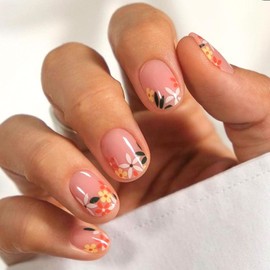 Short Press on Nails Square Fake Nails Black Leaf Flower Glue on Nails Light Pink Full Cover Acrylic Nails Glossy False Nails Press ons Artificial Stick on Nails for Women & Girls 24Pcs