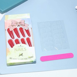 Allereya Super Long Coffin False Nails Ballerina Red Press On Nails Prom Party Clip On Nails Super Long Full Surface Acrylic Nails Art for Women and Girls 24 Pieces (Red)