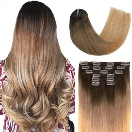 Clip in Hair Extensions 120G 100% Brazilian Remy Human 9A Thickened Soft Silky Straight for Fashion Women 7pcs 17clips Dark Brown Fading to Chestnut Brown and Ash Brown Highlighted (18Inch #2T6T27)