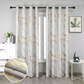 Taisier Home Gold Foil Print Linen Textured Curtains Geometric Marble Pattern Design Curtains for Living Room Light Filtering Window Treatment 2 Panels 84" L,Beige and Gold Curtains Print