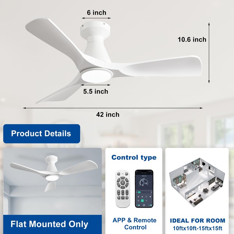 Depuley 42-Inch Ceiling Fans with Lights: White 3 Blade Flush