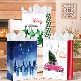 24 pack Christmas Gift bags Assorted Sizes with 24 Christmas Gift Tags,Christmas Paper Bags with Handle, 6 Jumbo 6 Large 6 Medium 4 Small 2 Wine Gift Bags for Christmas Presents, Xmas Party Favors