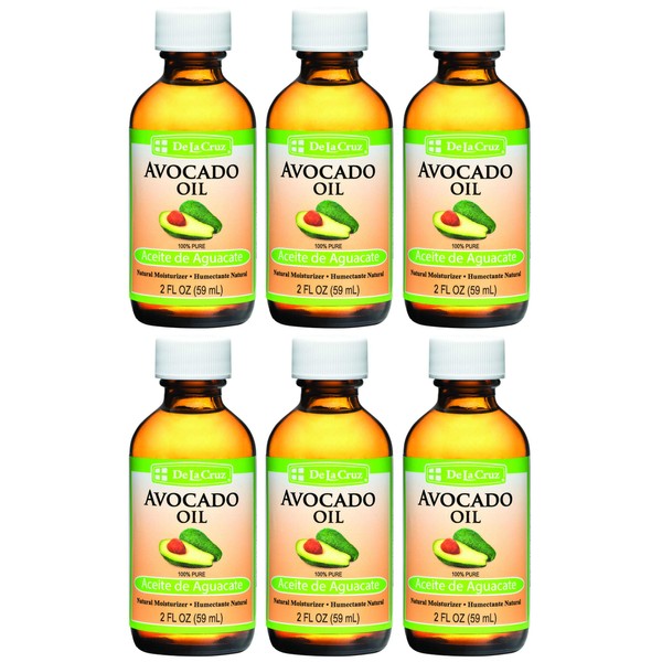 De La Cruz Avocado Oil - Expeller Pressed Pure 100% Avocado Oil for Hair and Body - Lightweight Body Oil for Dry Skin - 2 FL OZ (6 Bottles)