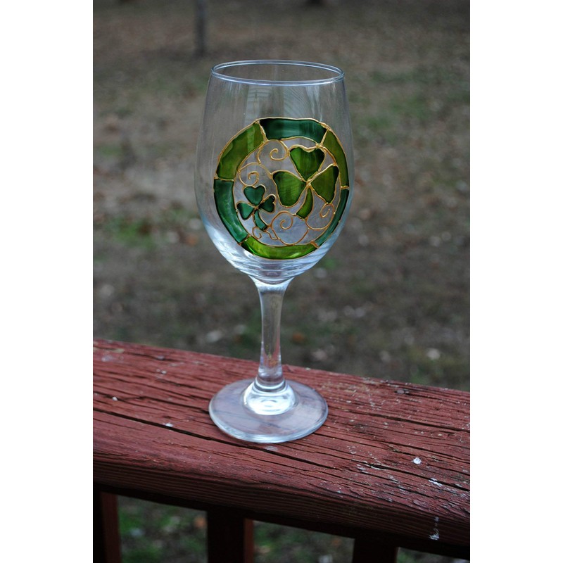 Lucky Green Shamrocks Hand Painted Stemmed Wine Glasses Set of