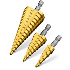 Pinava® HSS Step Drill Bit Set 3-Piece, Robust, Sharp, Taper Drill for Clean Drill Holes, Peeling Drill Ideal for Metal, Wood, Plastics, Sheet Metal Drill, Cone Drill Diameter 4-32 / 4-20 / 4-12 mm