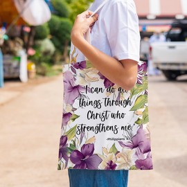 Christian Gifts for Women Inspirational Gifts Tote Bag for Women, Flowers Beach Bag Grocery Shopping Bag for Bestie Mom Sister Appreciation Christmas Birthday, Religious Bible Verse Canvas Tote Bag