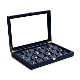 Oirlv 12 Gird Jewelry Tray with Acrylic Lid Premium Blue Leather Jewelry Organizer Box Transparent Lid Bracelet Bangle Small Watch Storage Case for Women Gift