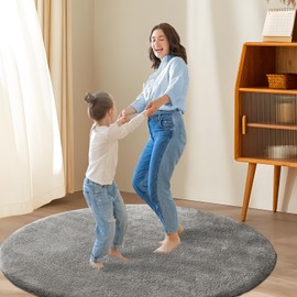 H.VERSAILTEX Round Rug for Bedroom Fluffy Circle Area Rug 4'X4' for Living Room Large Fluffy Rugs Ultra Soft Shaggy Carpet Non-Slip Fuzzy Dorm Rugs Comfy Home Decor Floor Carpets, Grey