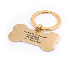 FELLSOCKE Hundemarke mit Gravur aus Edelstahl, Individuell gravierbar, Robuste Tiermarke, Dogtag Anhänger Hunde, Pferde, Katzen & Welpen (Goldfarben, 40x21 mm)
