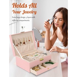 SYCARON Jewelry Box Organizer for Women Girls, Large PU Leather Jewelry Organizer Case with Lock Two Layers with Drawer for Rings Earrings Necklace Watches, Pink