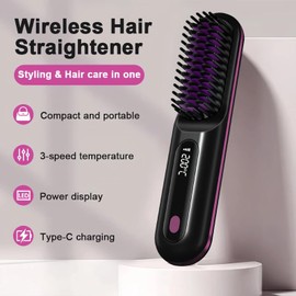 Cordless Hair Straightener Brush for Women, Portable Travel Hair Straightener Brush, Ionic Ceramic Mini Hot Comb with Fast Heating, 3 Heat Settings, USB Rechargeable Anti-Frizz Styling Tool (Black)
