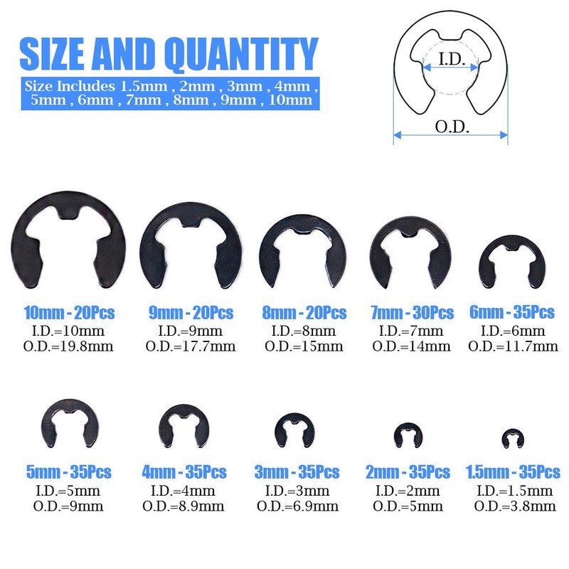 Glarks 300-Pieces 10 Size Black Alloy Steel E-Clip External Retaining