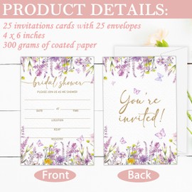 GOLRMC Spring Bridal Shower Invitations, Purple Wildflower Floral Bridal Shower Invites, Set of 25 Butterflies Wedding Invitations with Envelopes 4x6-A02