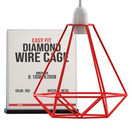 LEDSone Modern Geometric Diamond Pendant Lampshade - Metal Wire Cage, Red, 13x20cm, Ideal for Living Room, Kitchen, Restaurant, Office
