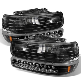 AKKON - For 1999-2006 Chevy Silverado Suburban Tahoe 4Pcs Black Bezel Headlights + LED Bumper Signal Lamps