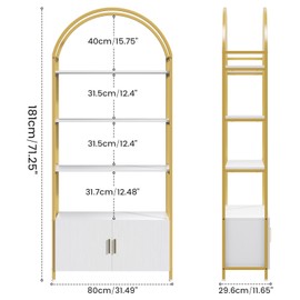 Saudism Arched Gold Bookshelf with Doors, 71" Tall Bookcase with Sturdy Metal Frame, Freestanding Display Shelving Unit, White and Gold Geometric Gold Shelf for Lving Room, Bedroom, Home Office