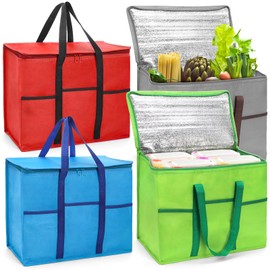 Foraineam 4 Pack Insulated Reusable Grocery Shopping Bags, Foldable Cooler Bag Food Delivery Bags with Hard Bottom Insert and Zippered Top, Stands Upright, Cooler Totes for Hot or Cold Food Transport