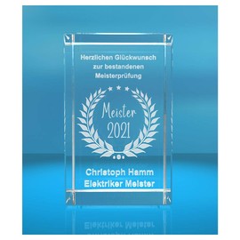 ELUNO 3D Glass Cuboid | Master + Year | Congratulations with Desired Text | Gift for Master Examination