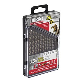 Mibro 499531 (13-Piece) Cobalt Steel Tri-Bore Drill Bit Set with 135° Split-Point Tip for Drilling Through Stainless Steel, Ferrous Metal, Nonferrous Metal, Wood, and Plastic
