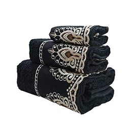 Marina Decoration Premium Luxury Decor Ultra Soft 100% Cotton Sheer Lace Bathroom Modern 3 Piece Towel Set, Black Color
