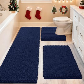 ACCUMTEK Upgrade Extra Large Navy Blue Bathroom Rug Set 3 Pieces Ultra Soft, Thick Absorbent Bath Mats, Non Slip Chenille Toilet Mat for Bathroom, Bedroom, Kitchen
