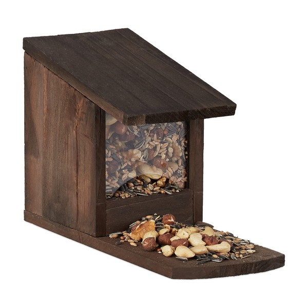 Relaxdays Squirrel Feeder House, Feeding Station Box, Standing, Wooden, HWD: 17.5 x 12 x 25 cm, Dark Brown, Wood and Plastic, Pack of 1 10026312_746