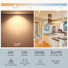 sanlumia 10X 6W led Gu10 Bulb Super Bright 100 Degree Wide Beam Angle Spotlight 530lm CRI 90+ 75W Halogen Equivalent Warm White 3000K