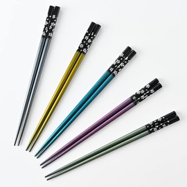 [Chopsticks] [Chopsticks Factory] Dishwasher-Safe Specialty Wakasa Lacquer Chopsticks Silver Cherry Blossom Set of 5 Pairs / Chopsticks Set Wakasa Lacquer, Antibacterial, Made in Japan, Non-Slip,