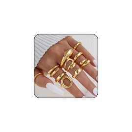 LunarCharm 10-Piece Set of Chunky Gold Rings for Women, Gold-Plated Thick Dome, Stackable Open Rings, Chunky Jewellery Ring Set, Minimalist Jewellery
