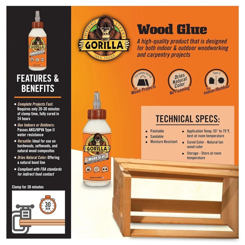 Gorilla Glue Natural Color Wood Glue, 8 Ounce Bottle