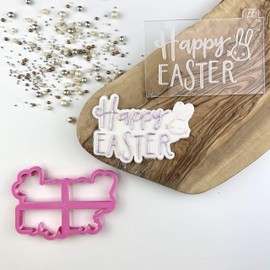 LissieLou Happy Easter Style 2 with Rabbit Cookie Cutter and Embosser Easter Icing Stamp Fondant Embosser - Light Pink/Clear