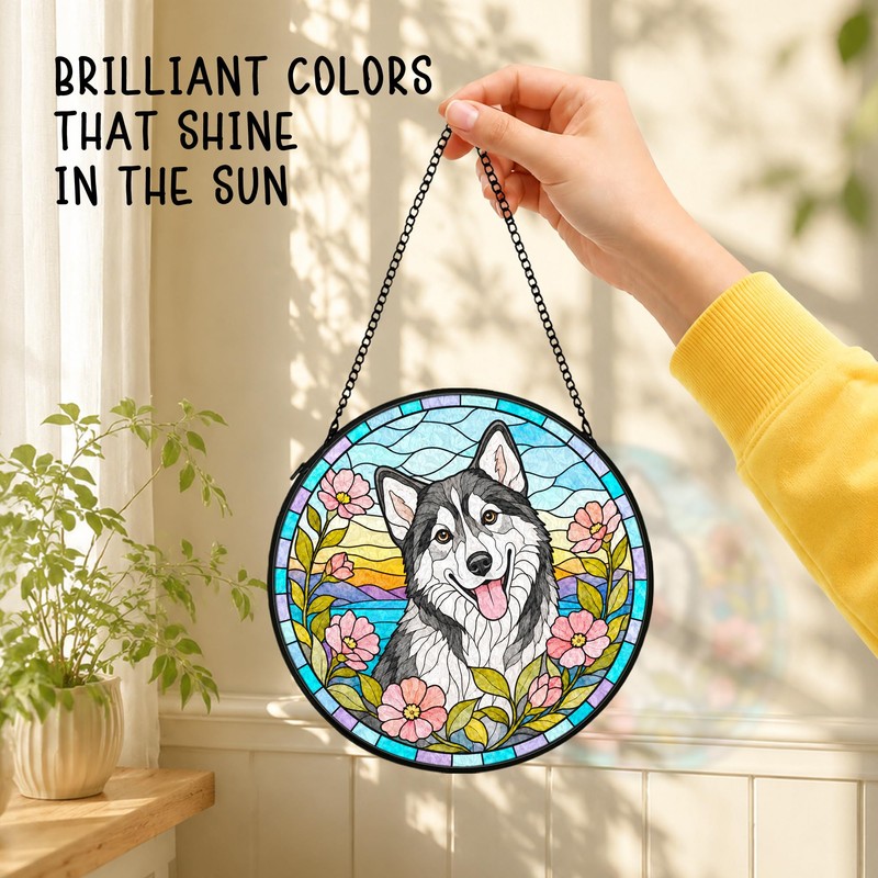 Husky Dog Flower Stained Glass Suncatcher Window Hanging Decor