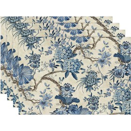 Placemats Set of 4 Blue Flowers Bunches Place Mats Washable Table Dinner Mats Linen Table Mats for Kitchen Dining Party Home Kitchen Decor 12x18 Inch